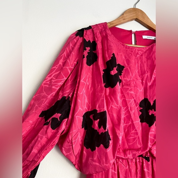 RESERVED Pink Black Floral Long sleeves Retro Knee Length Dress Formal Casual - Picture 5 of 8
